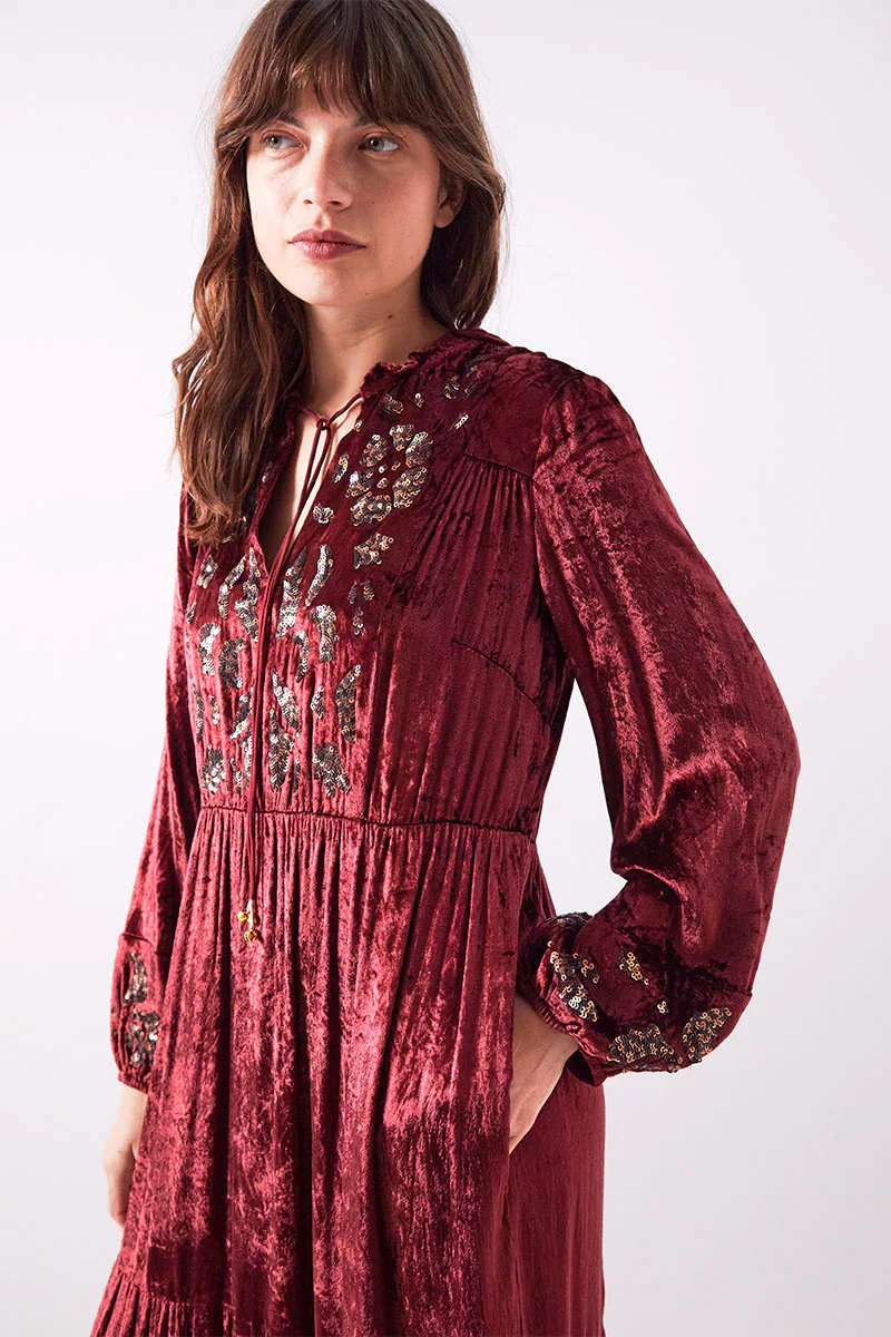 Brogan Velvet Embroidered Berry Dress - Image 3
