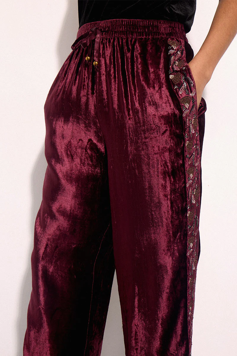 Elsa Burgundy Embroidered Velvet Trousers - Image 3