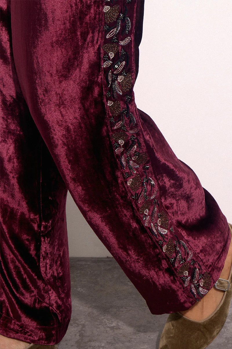Elsa Burgundy Embroidered Velvet Trousers - Image 4